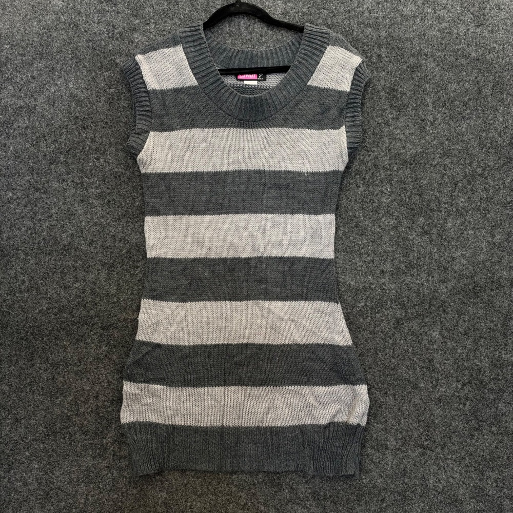 Vintage Say What? Striped Sleeveless Sweater Dress Gray Knit Medium Made in USA